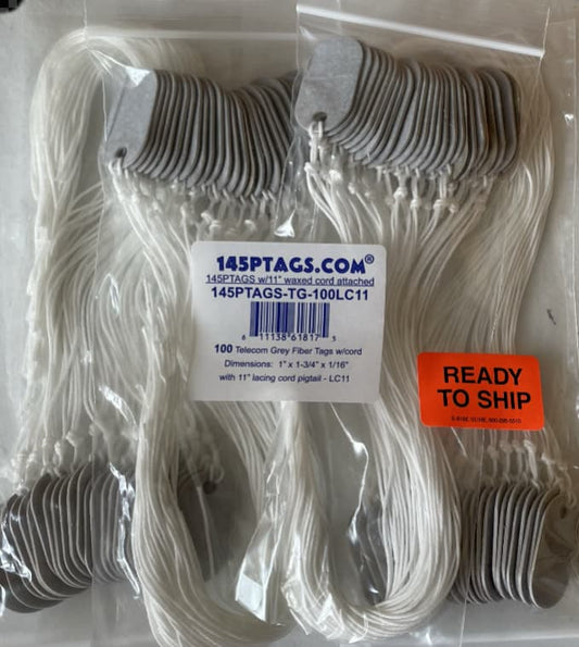 100ct 145PTags grey fiber with lacing cord 10" pigtail