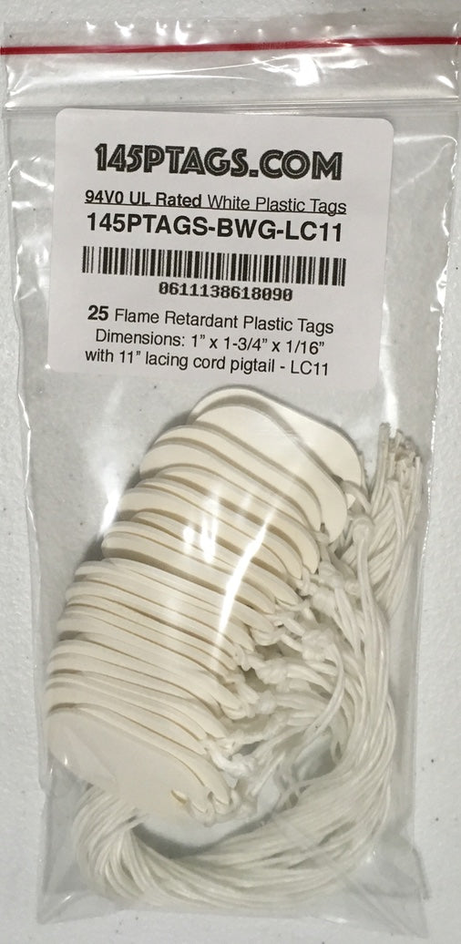 Bag of 25 white 145P tags, 94V0 UL rated, with 11" waxed lacing cord attached